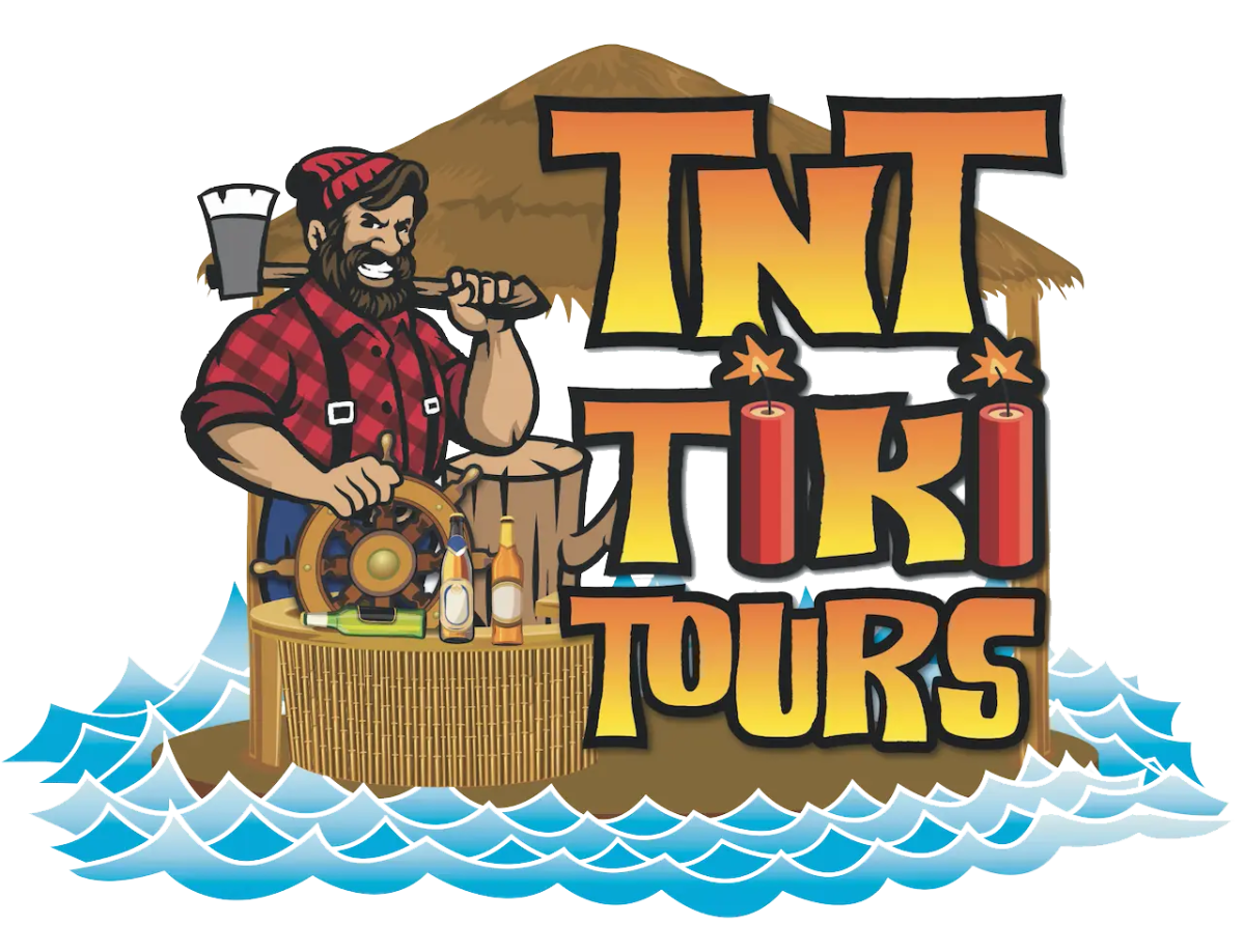 Lumberjack with an axe at a tiki bar, text 'TNT Tiki Tours' with waves.