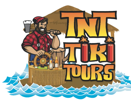 Cartoon lumberjack by tiki bar with 'TNT Tiki Tours' text.